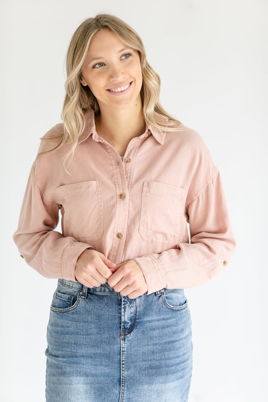 Button Up Chambray Top FF Tops Dusty Peach / S/M