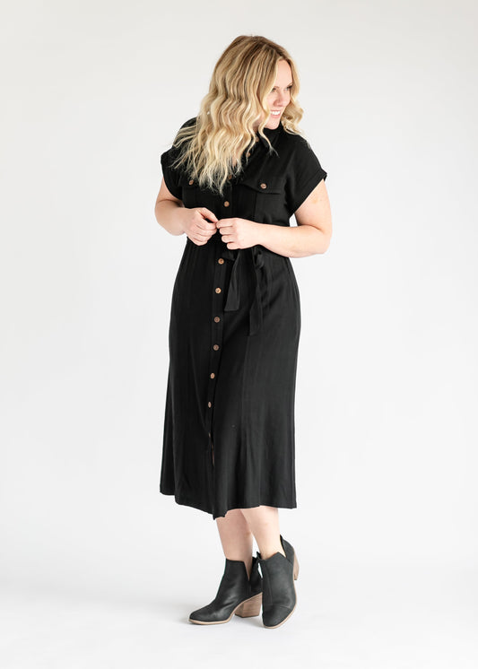 Button Up Midi Shirt Dress FF Dresses Black / S