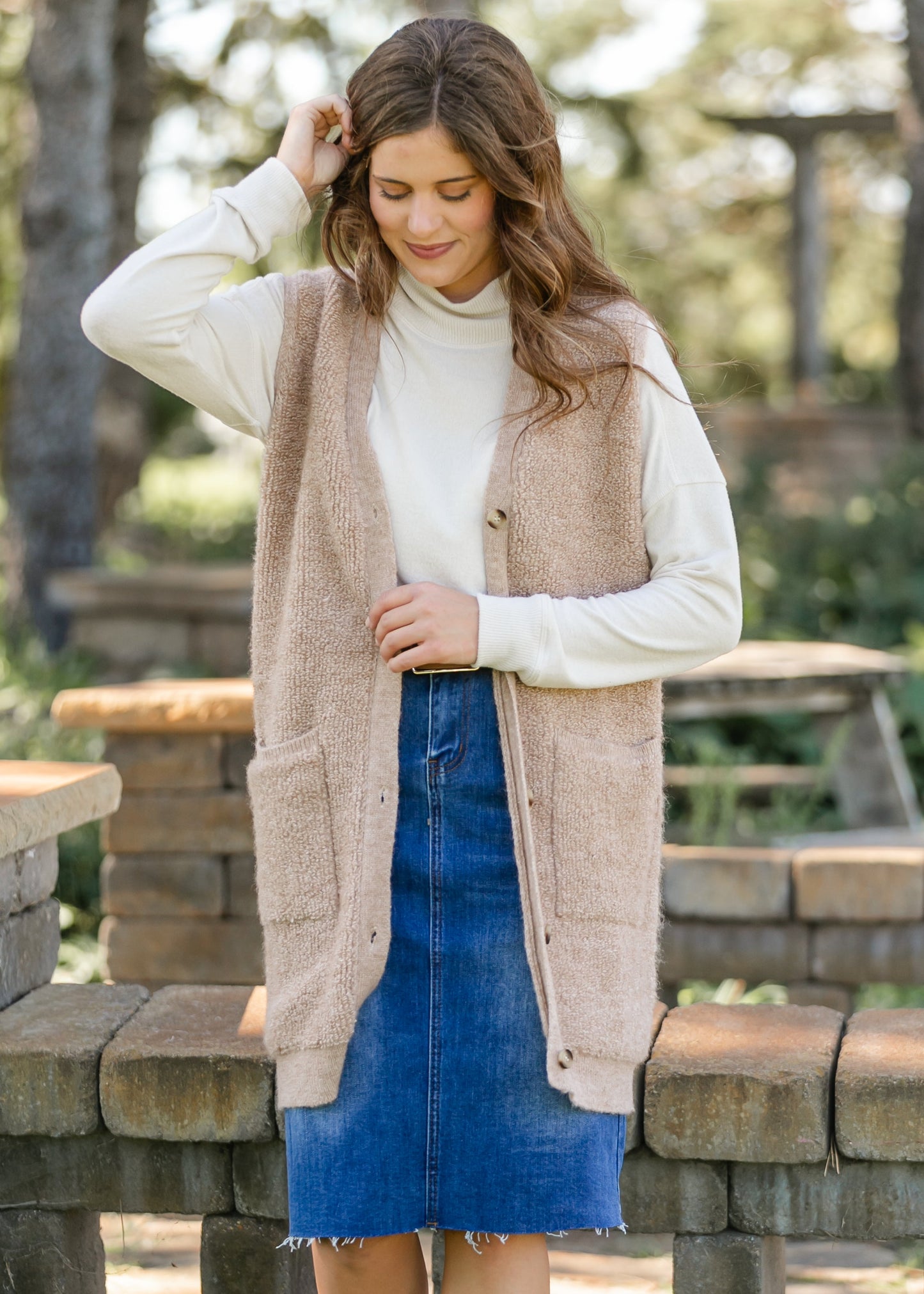 Button Up Teddy Knit Long Vest FF Layering Essentials
