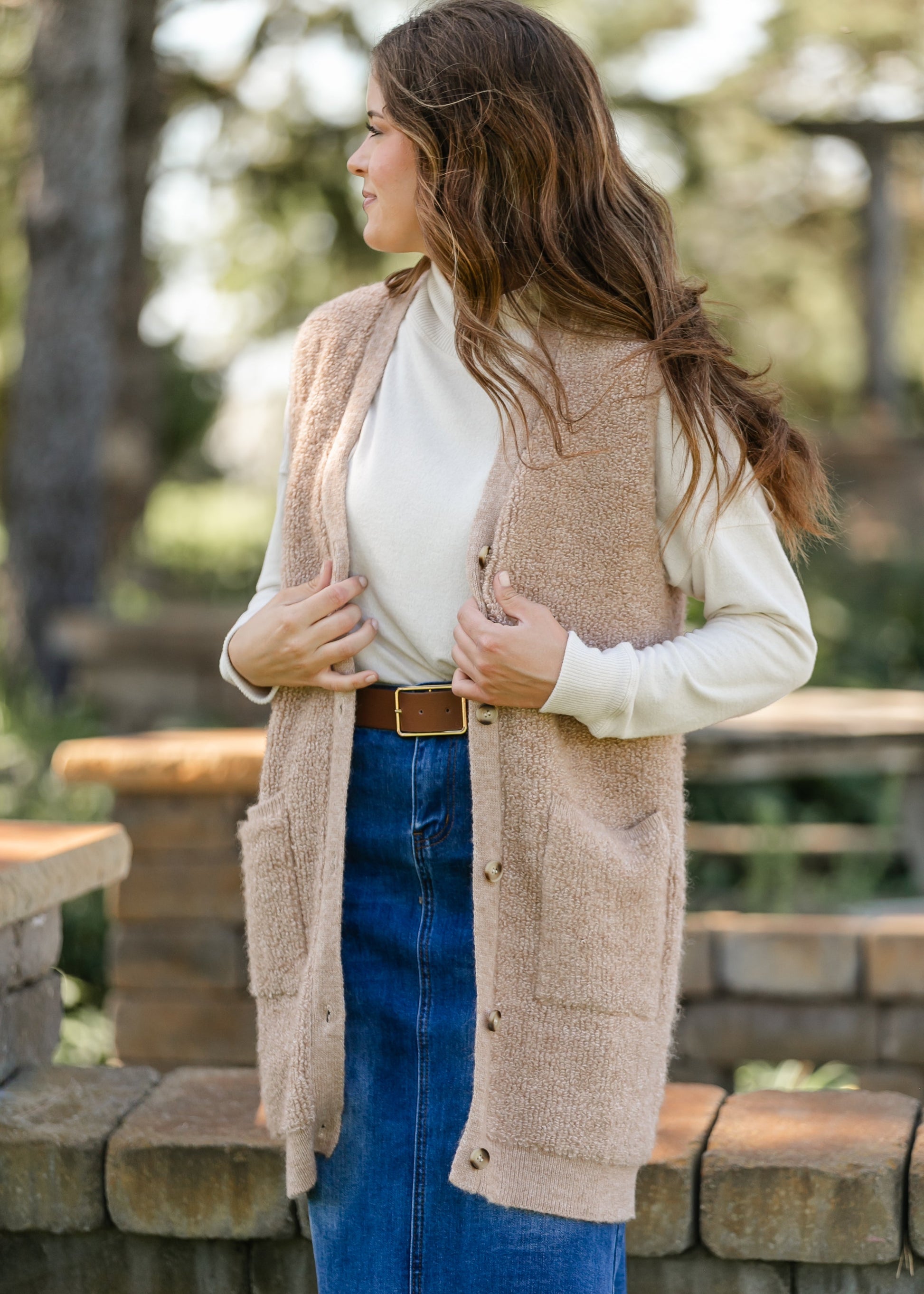 Button Up Teddy Knit Long Vest FF Layering Essentials