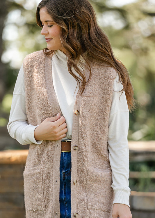 Button Up Teddy Knit Long Vest FF Layering Essentials