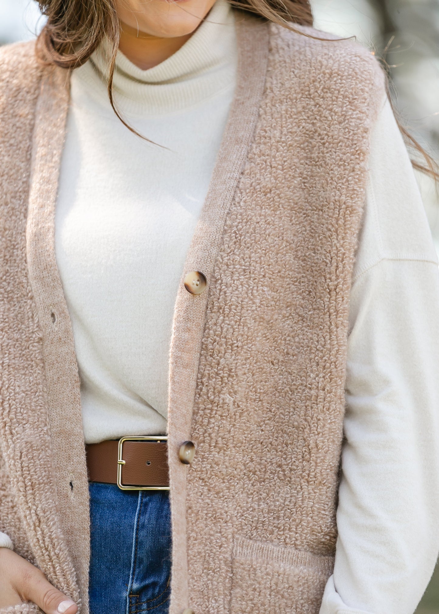 Button Up Teddy Knit Long Vest FF Layering Essentials