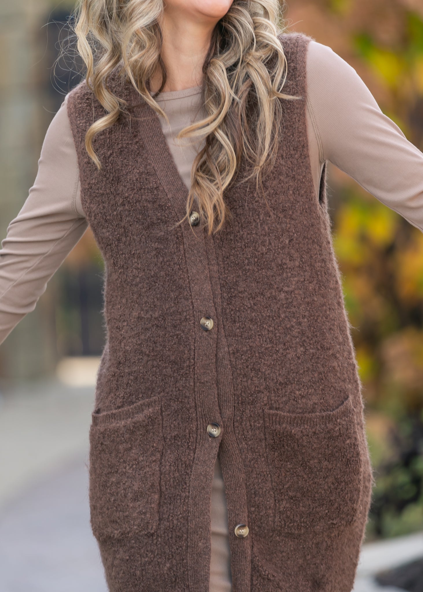 Button Up Teddy Knit Long Vest FF Layering Essentials
