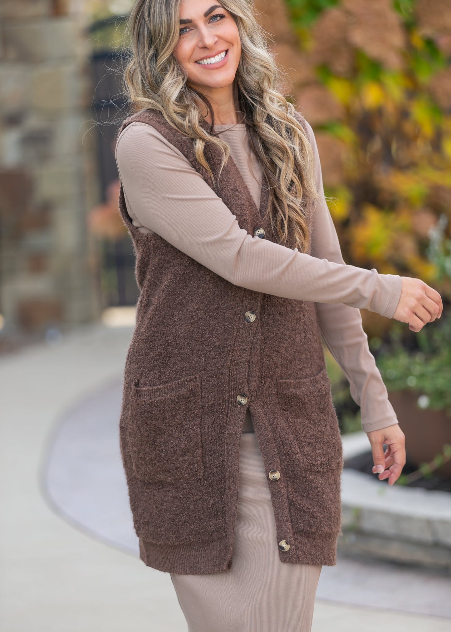 Button Up Teddy Knit Long Vest FF Layering Essentials
