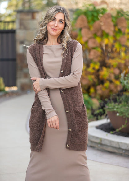 Button Up Teddy Knit Long Vest FF Layering Essentials
