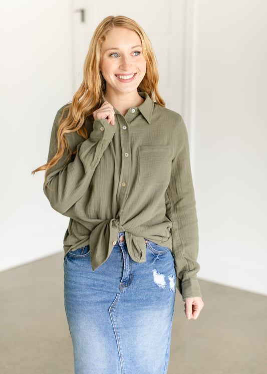Button Up Woven Shirt FF Tops Olive / S