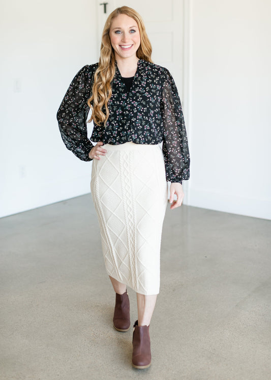 Cable Knit Cream Midi Skirt FF Skirts