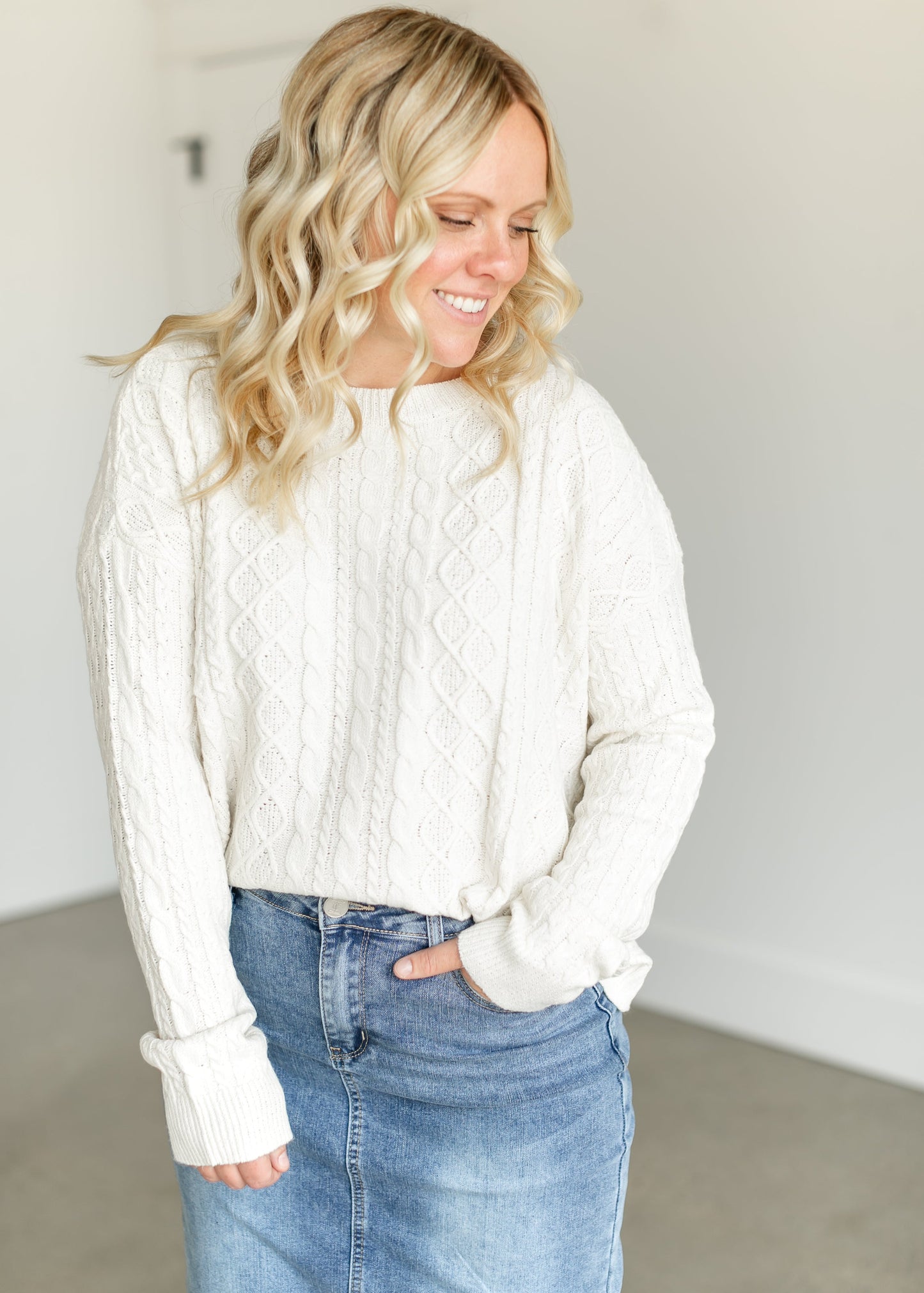 Cable Knit Crewneck Sweater FF Tops