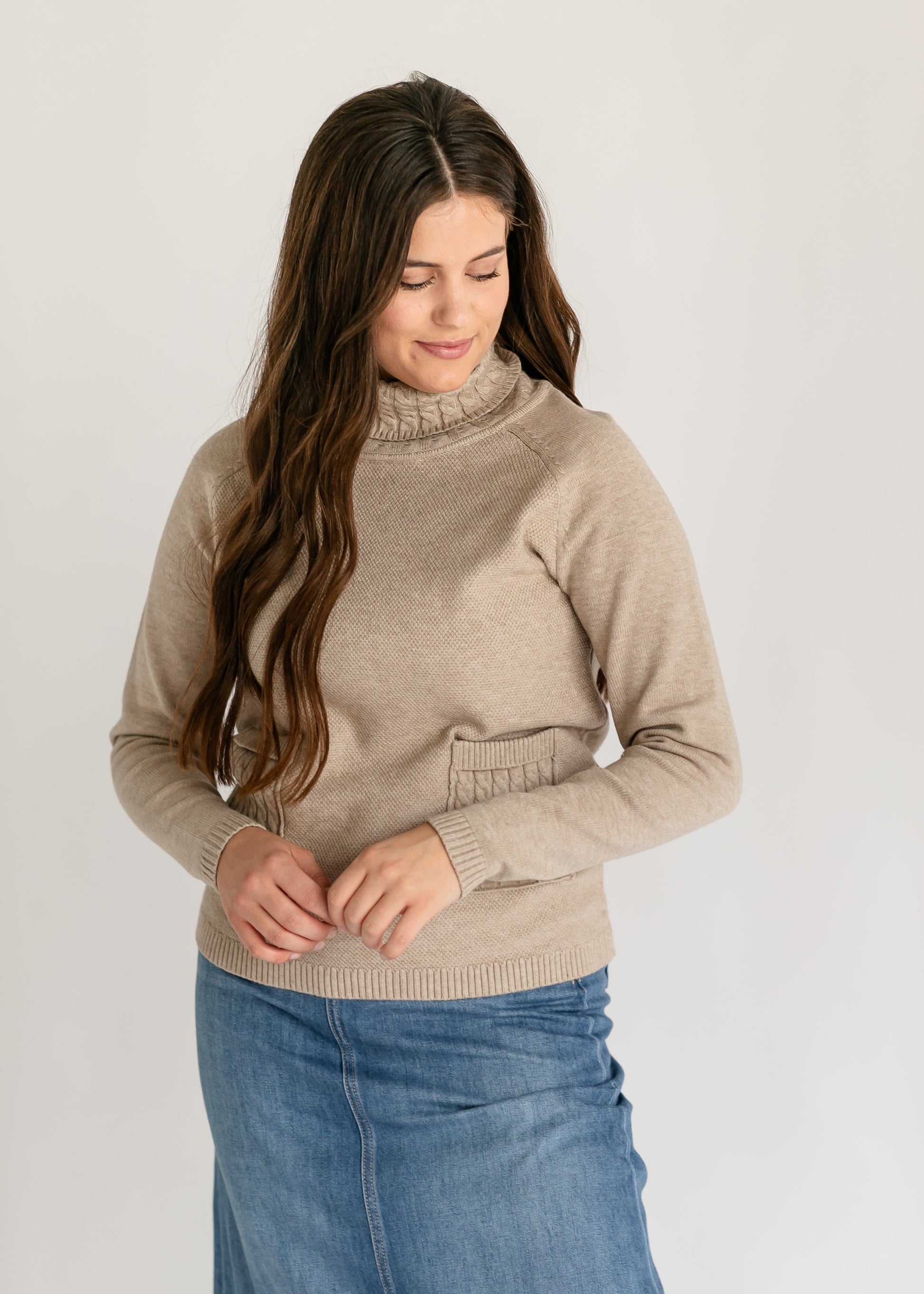 Cable Knit Pocket Turtleneck Sweater FF Tops