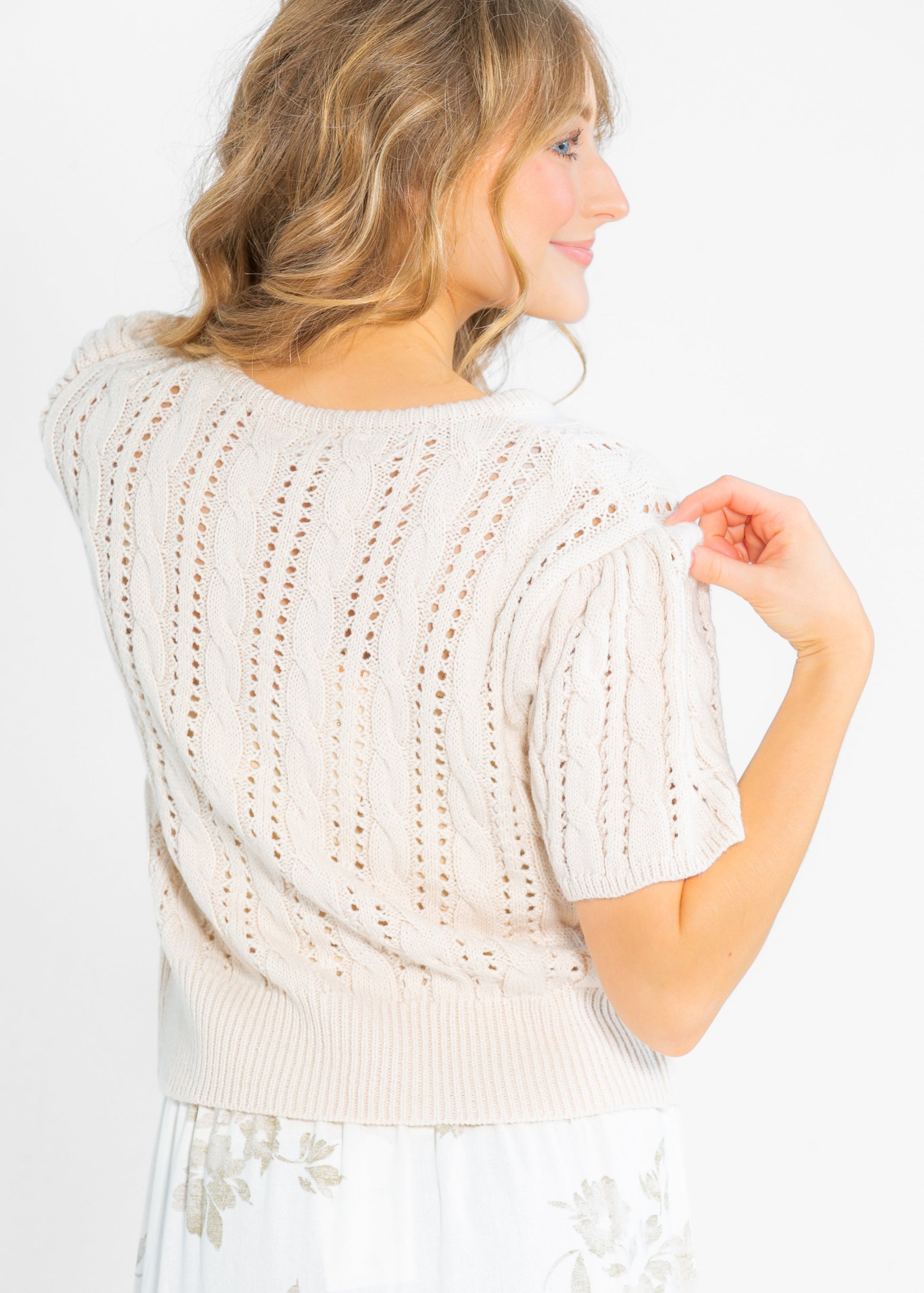 Cable Knit Puff Sleeve Cardigan FF Tops