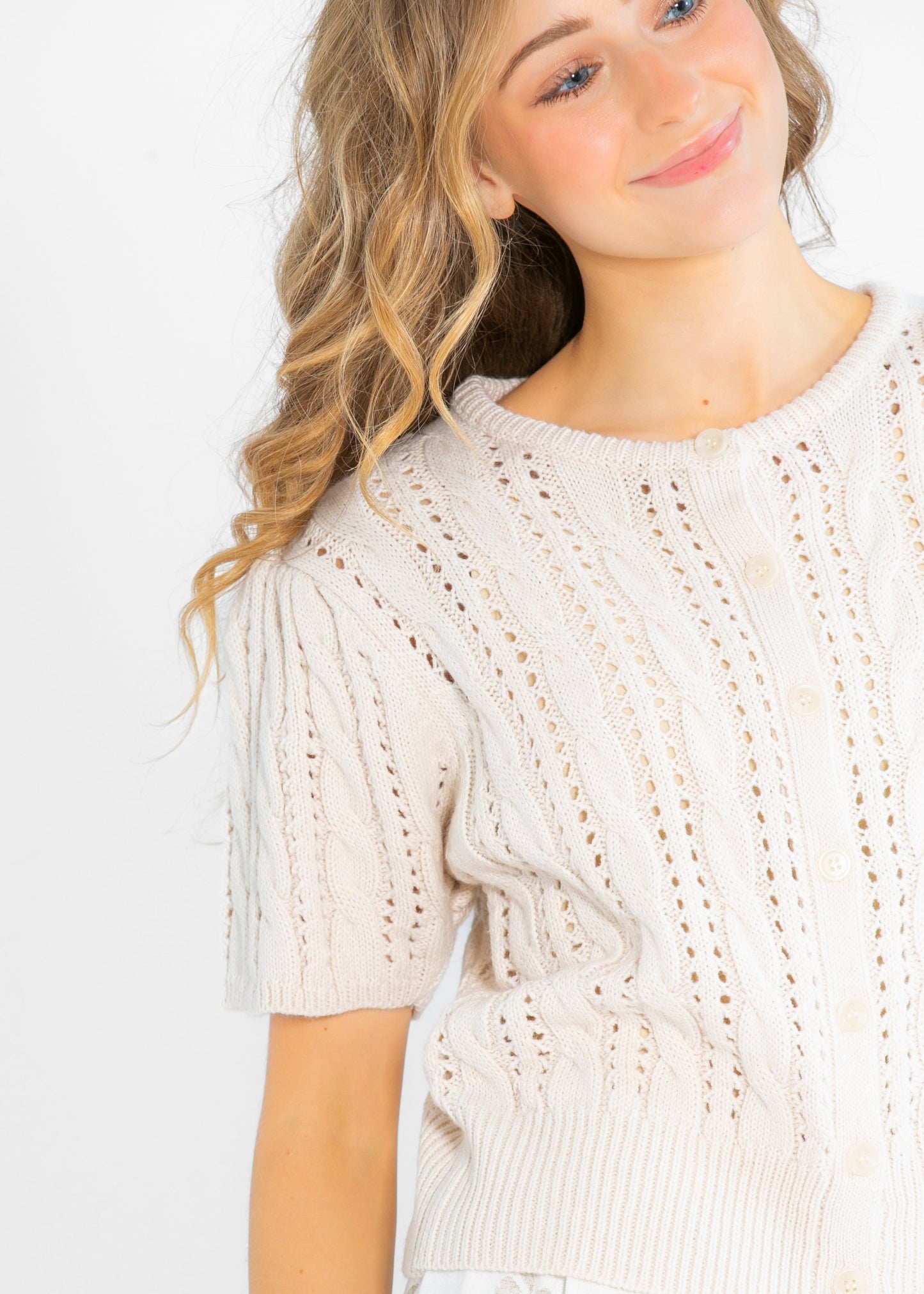 Cable Knit Puff Sleeve Cardigan FF Tops