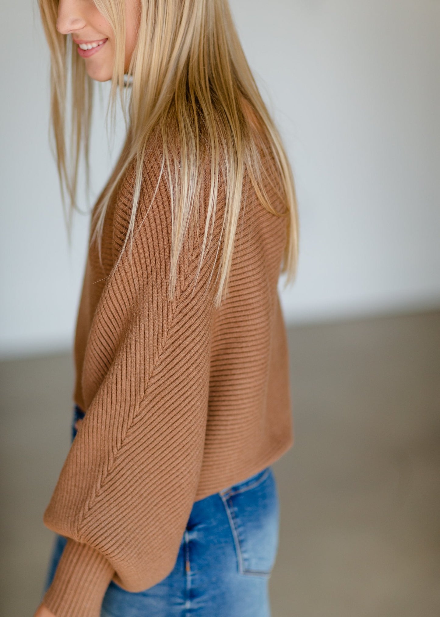 Camel Balloon Sleeve Knit Sweater FF Tops
