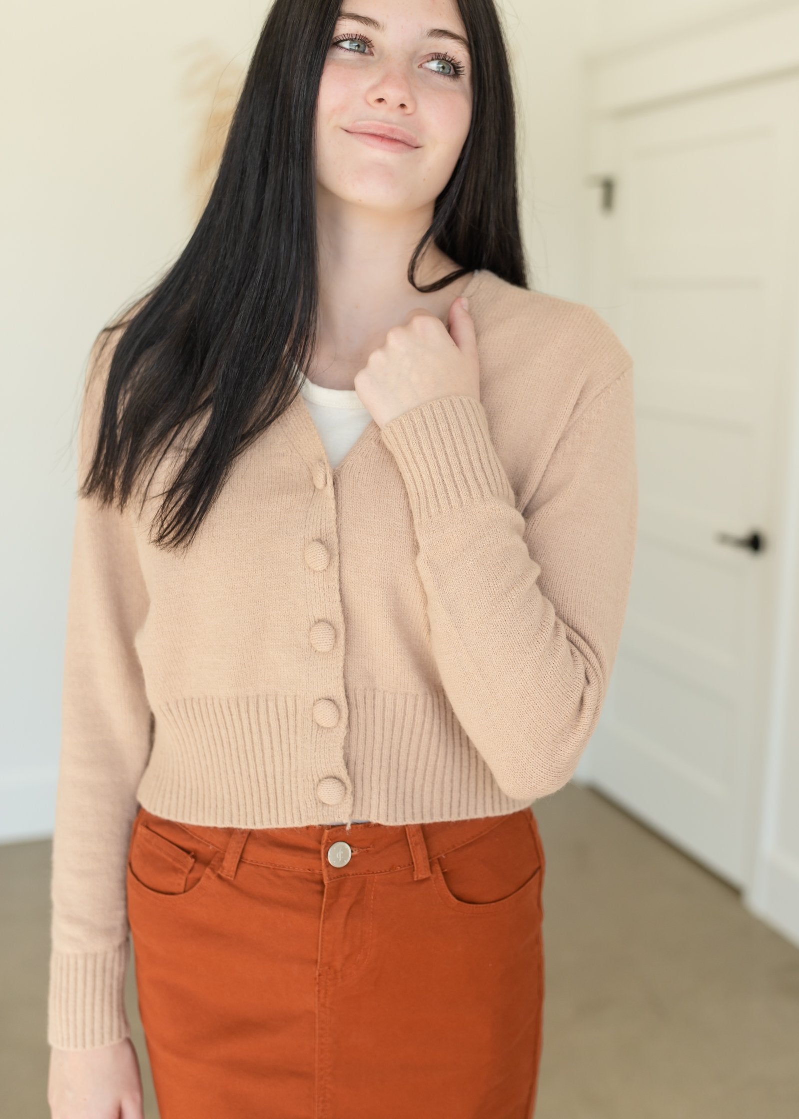 Camel Button Up Knit Sweater Top - FINAL SALE FF Tops