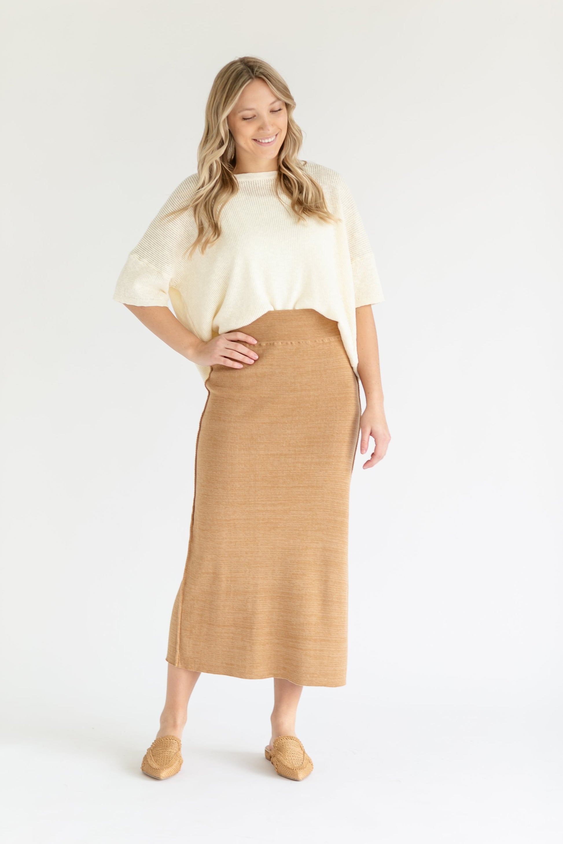 Camel Sweater Knit Midi Skirt FF Skirts