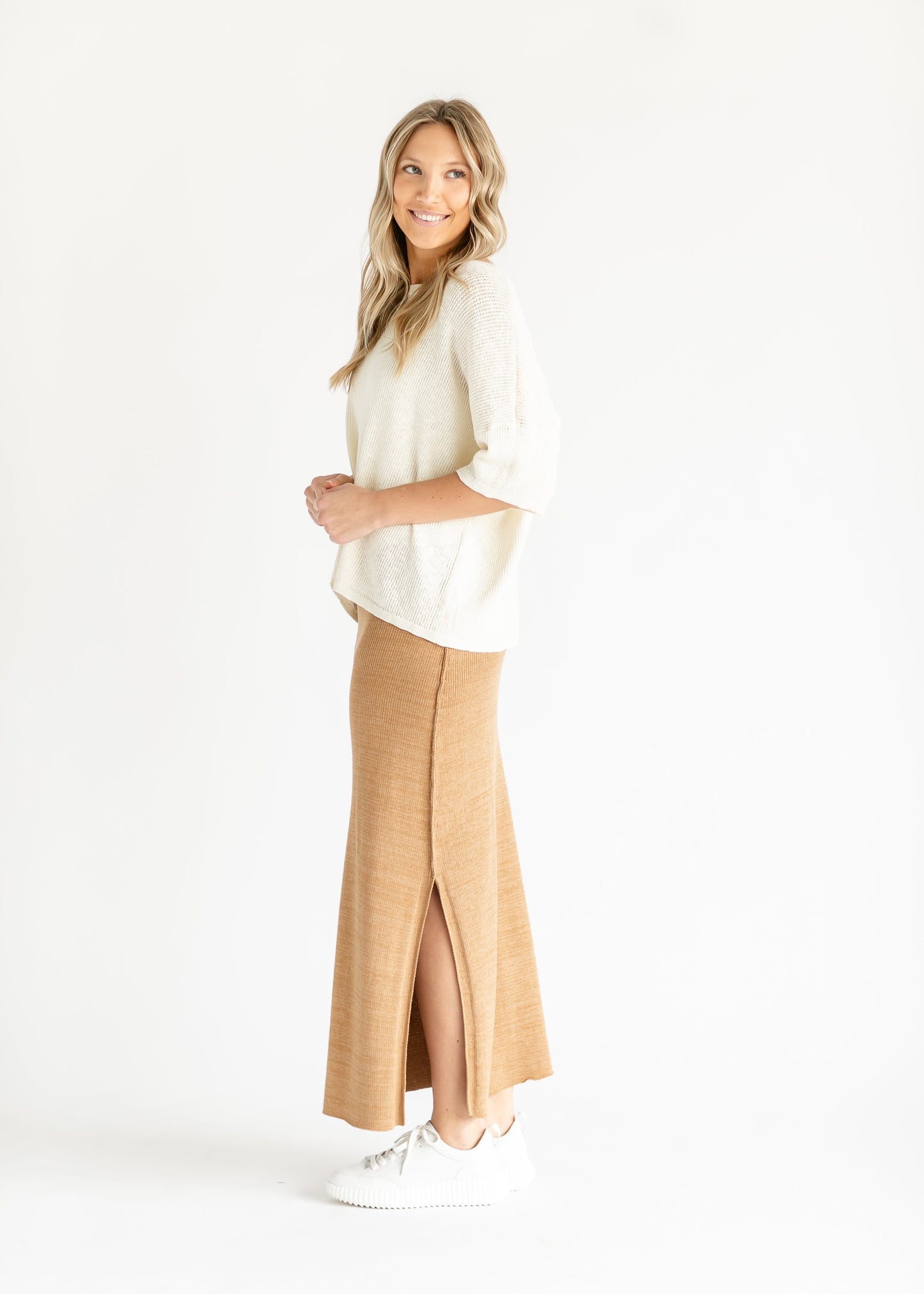Camel Sweater Knit Midi Skirt FF Skirts
