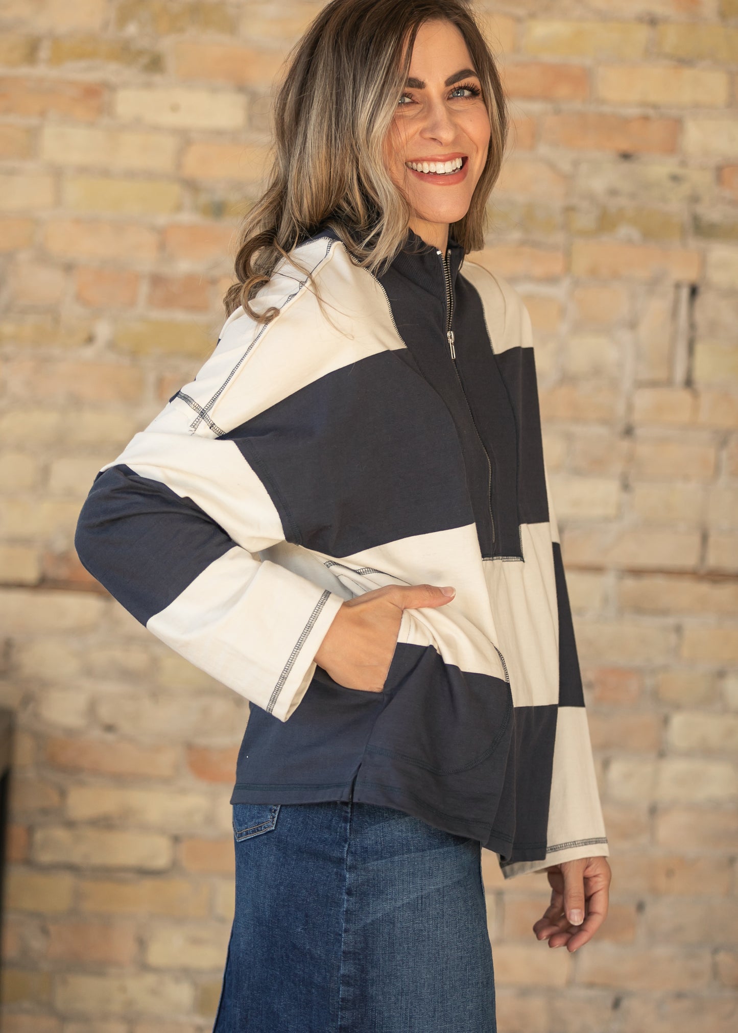 Camille Stripe Half Zip Top FF Tops