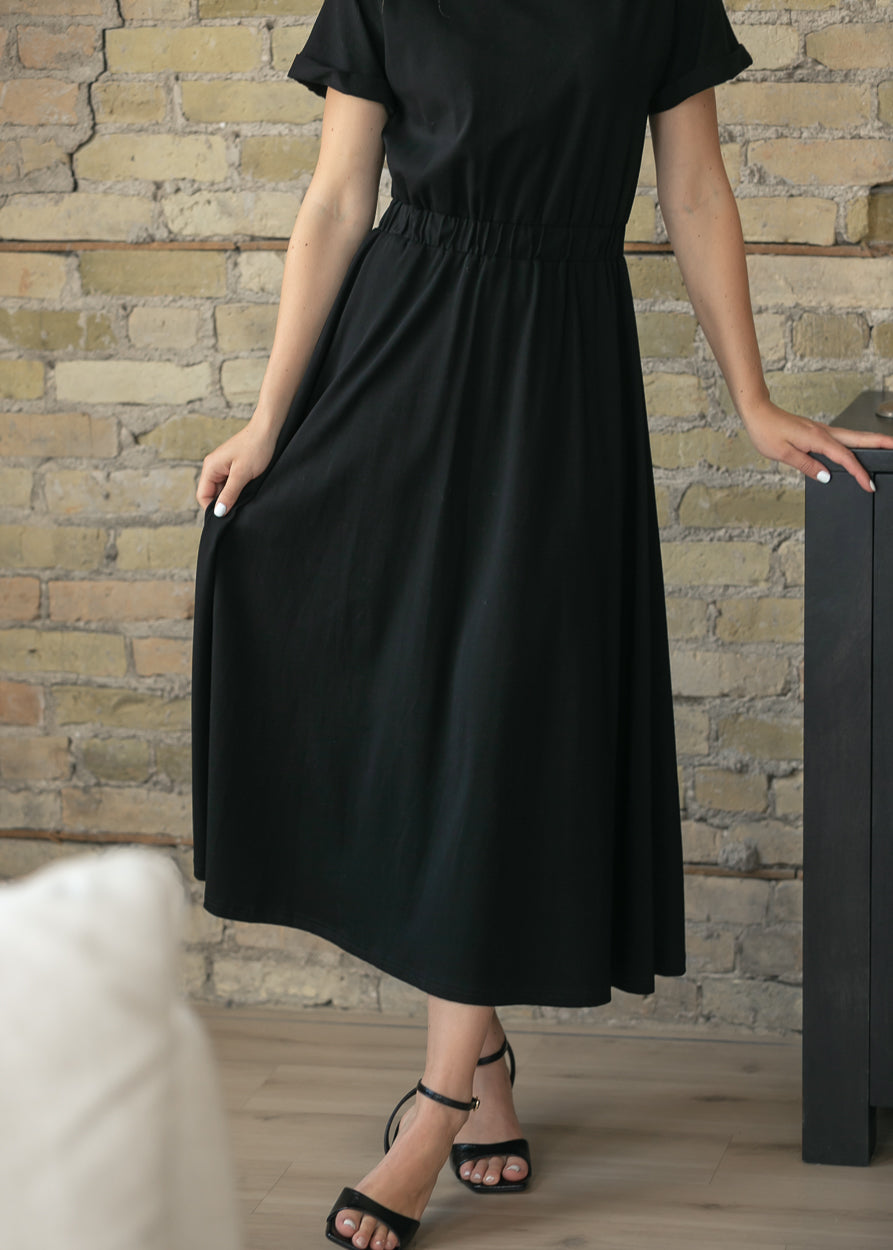 Casey Black Cap Sleeve Midi Dress IC Dresses