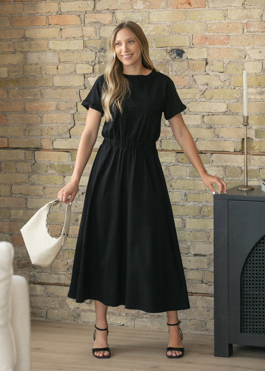 Casey Black Cap Sleeve Midi Dress IC Dresses