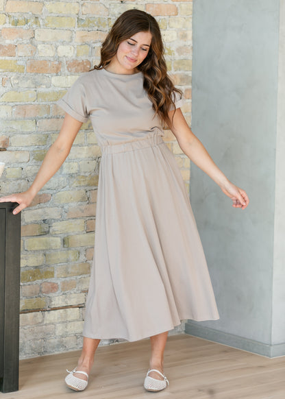Casey Taupe Cap Sleeve A-line Midi Dress IC Dresses