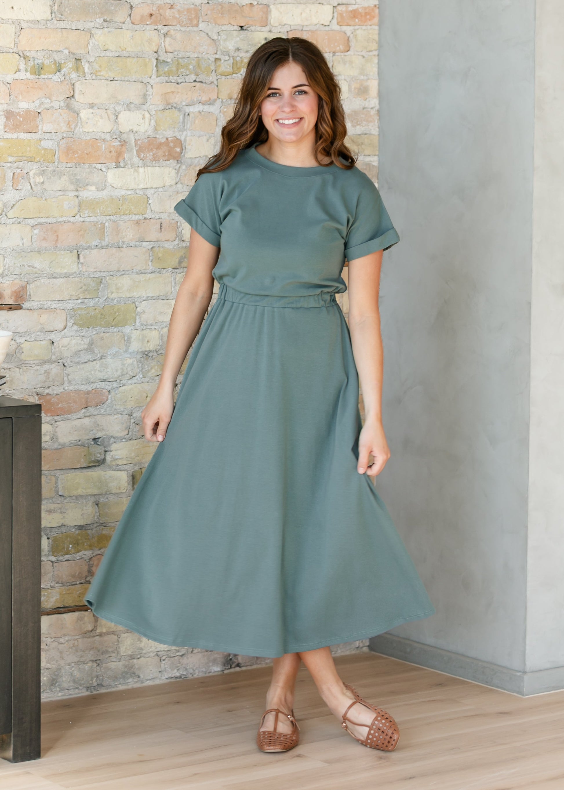Casey Teal Cap Sleeve Midi Dress IC Dresses