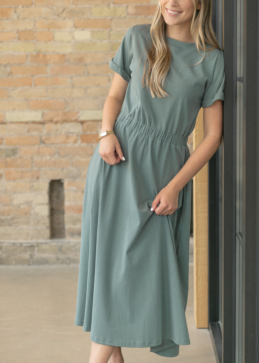 Casey Teal Cap Sleeve Midi Dress IC Dresses
