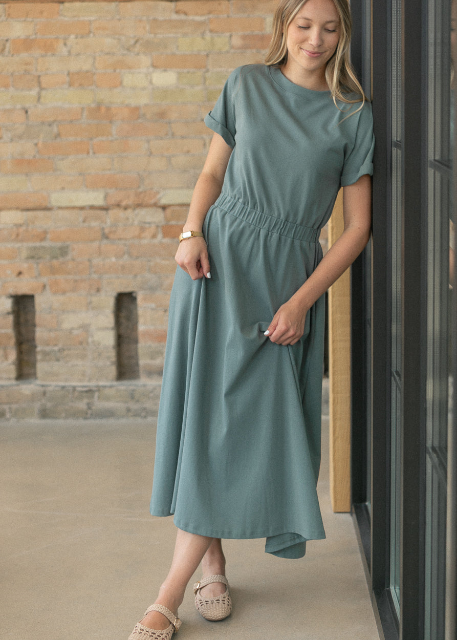 Casey Teal Cap Sleeve Midi Dress IC Dresses