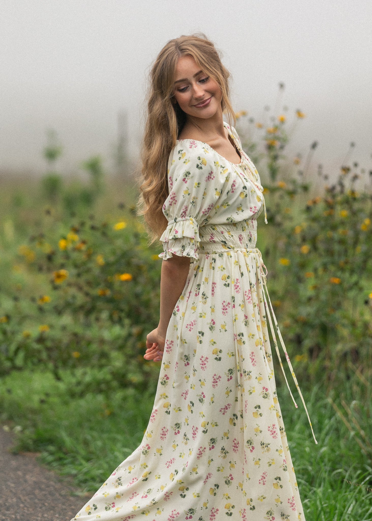 long sleeve floral spring dress Long Sleeve Floral Maxi Gown - Pink Boho Flowy V Neck Ruffle Dress
