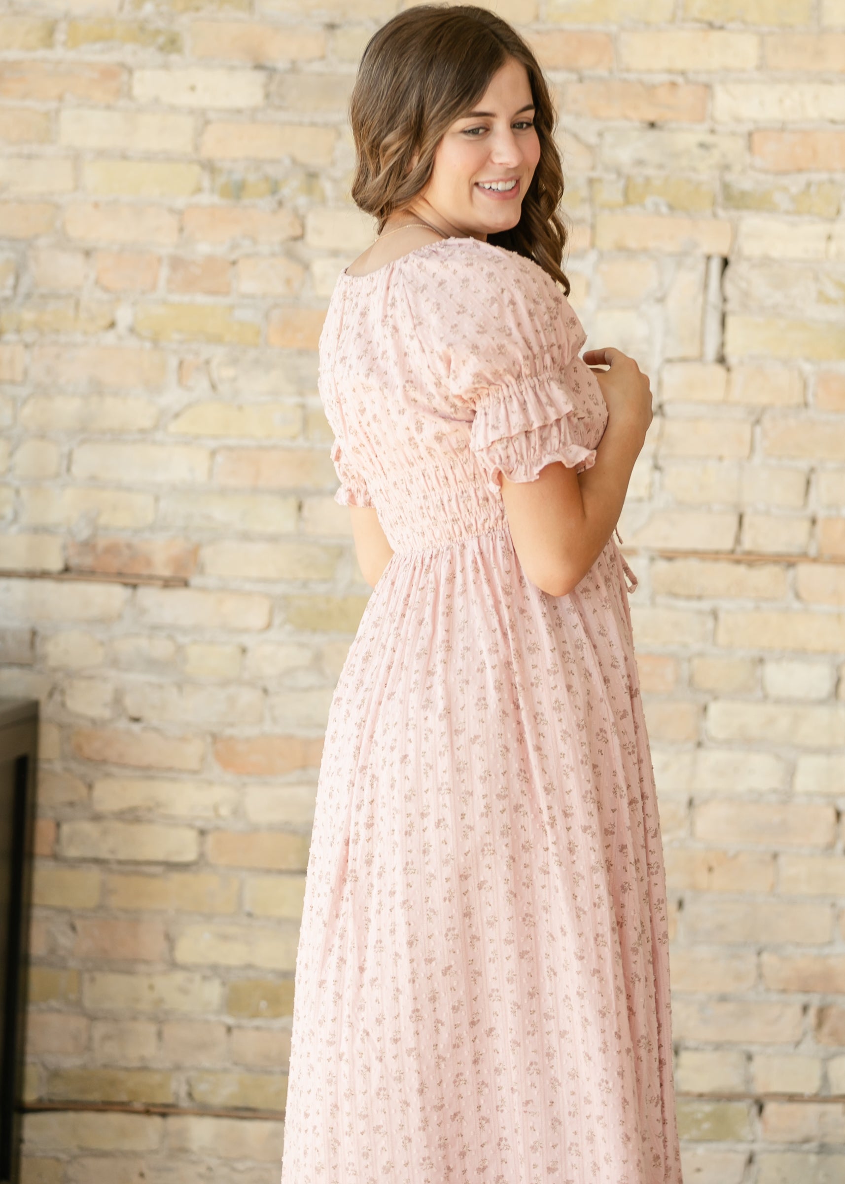 Pink Floral Puff Sleeve Maxi Dress