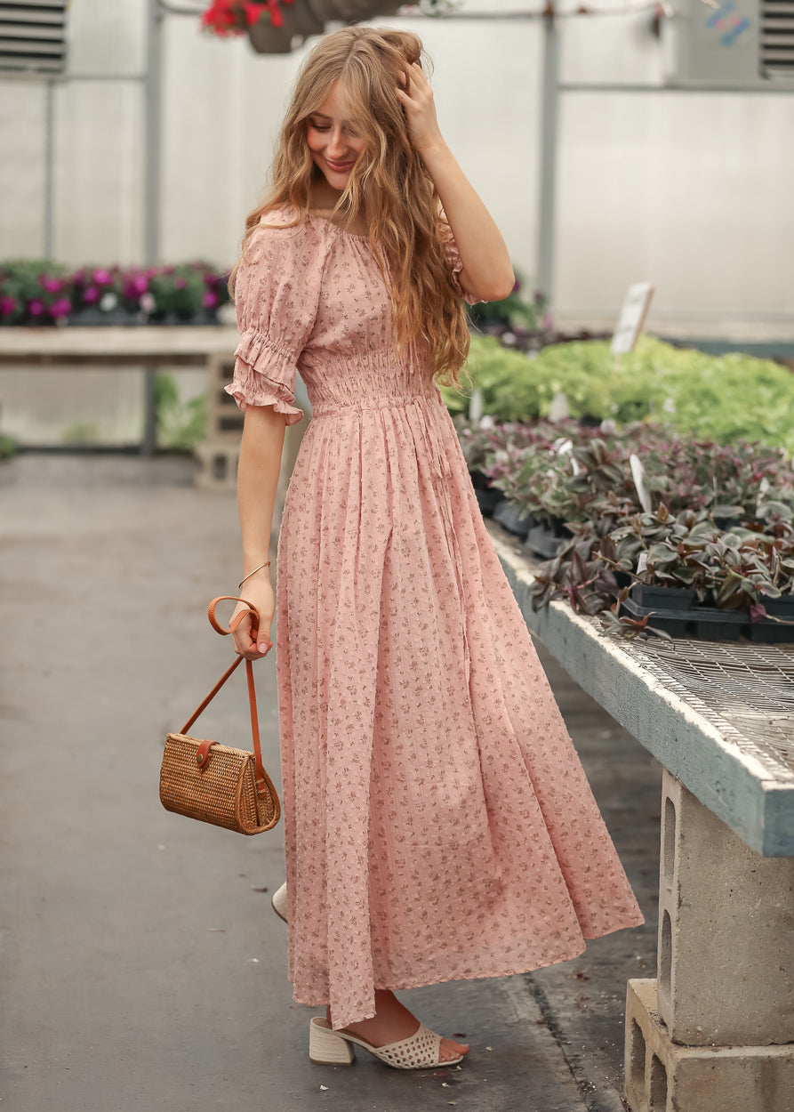 Celine Puff Sleeve Pink Floral Maxi Dress, Large