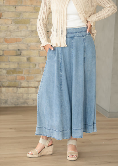 Chambray A-line Paneled Maxi Skirt FF Skirts