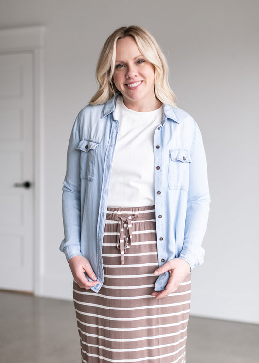 Chambray Long Sleeve Button Down Shirt - FINAL SALE FF Tops Light Blue / S
