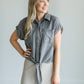 Chambray Short Sleeve Knotted Top Tops Black / S