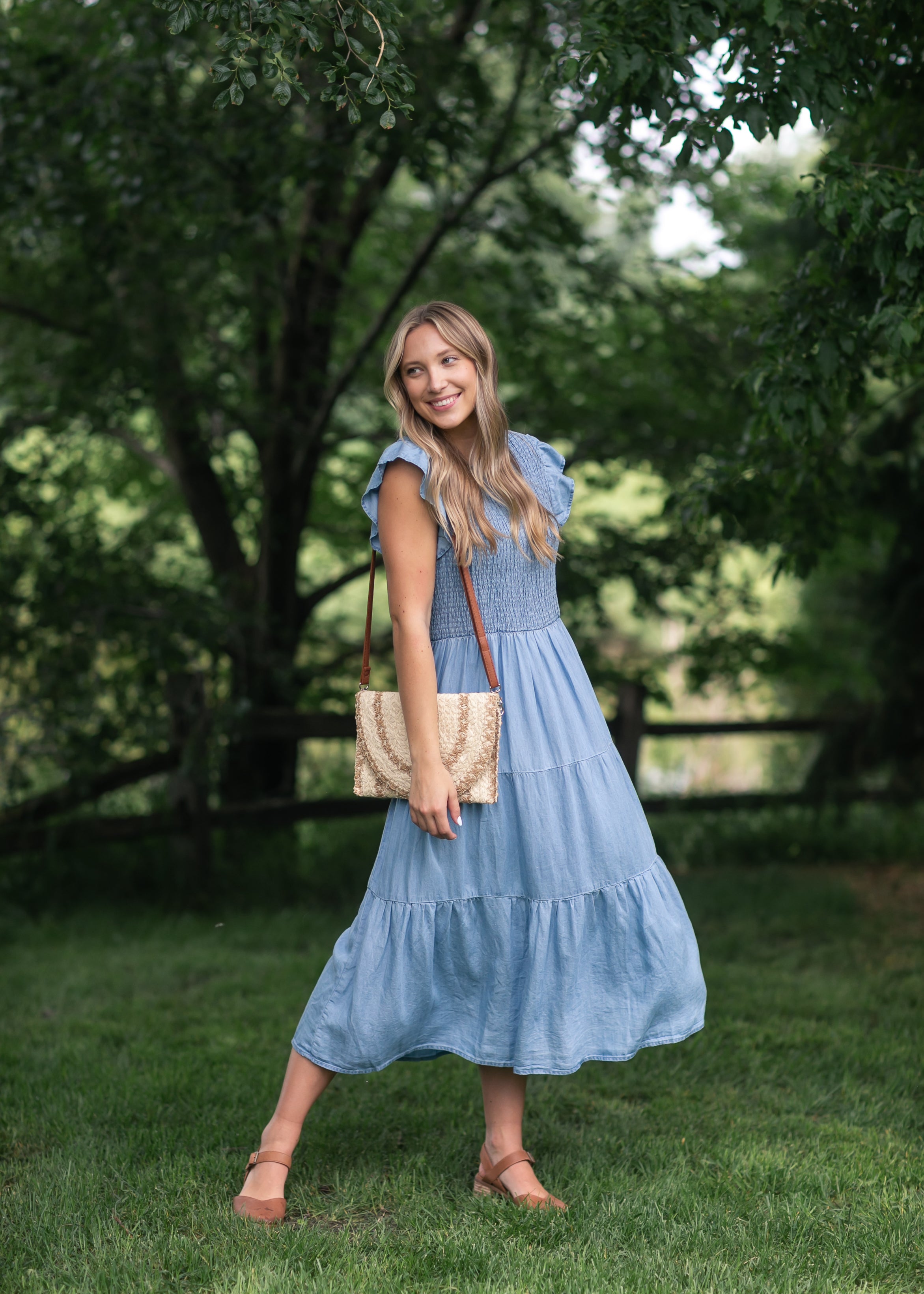 Chambray Smocked Tiered Midi Dress, Large