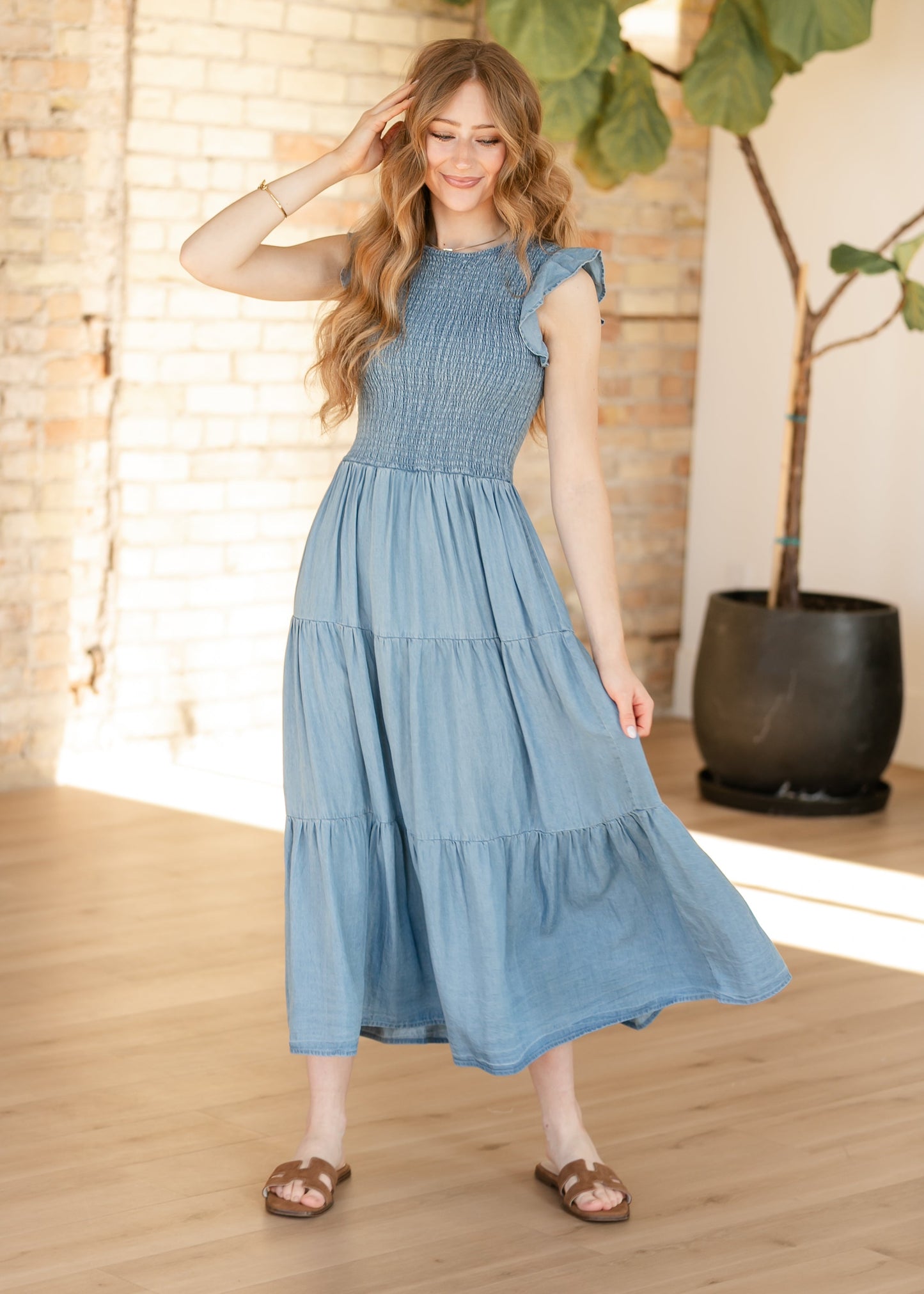 Chambray Smocked Tiered Midi Dress FF Dresses