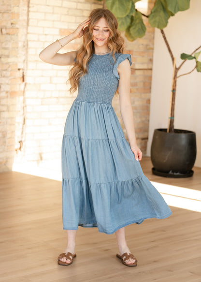 Chambray Smocked Tiered Midi Dress FF Dresses