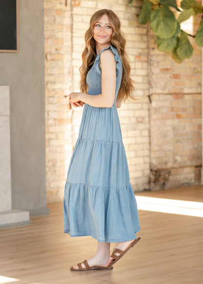 Chambray Smocked Tiered Midi Dress FF Dresses