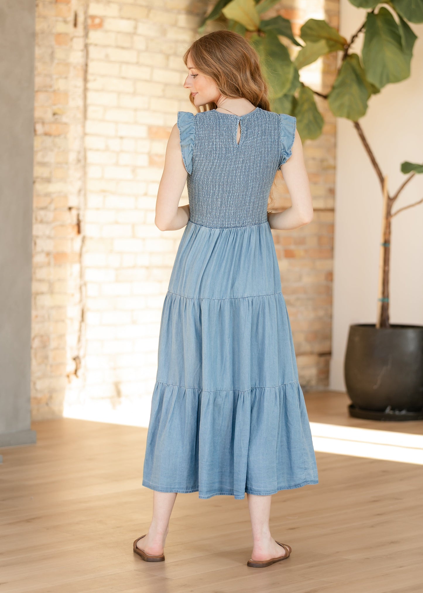 Chambray Smocked Tiered Midi Dress FF Dresses
