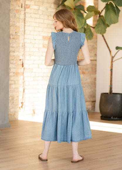 Chambray Smocked Tiered Midi Dress FF Dresses