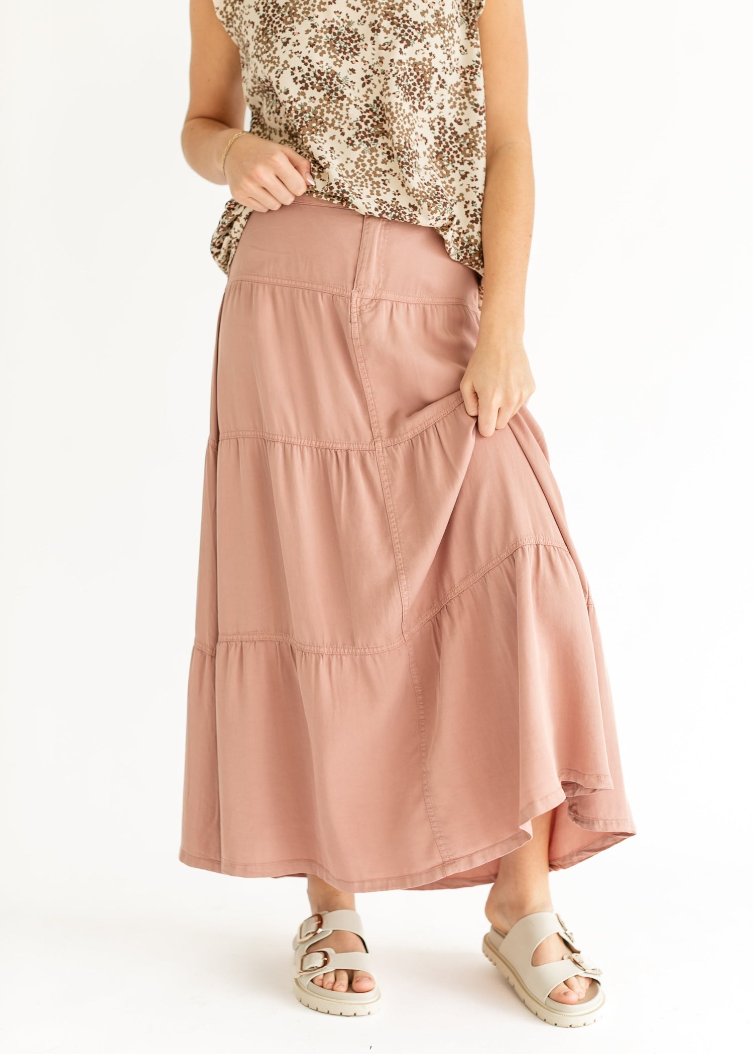 Chambray Tiered Colored Denim Skirt FF Skirts Mauve / S
