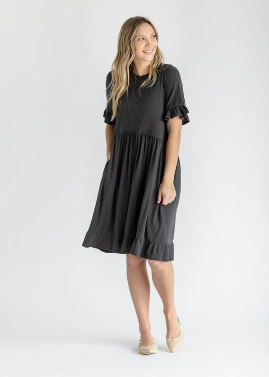 Charcoal Ruffled Midi Dress FF Dresses
