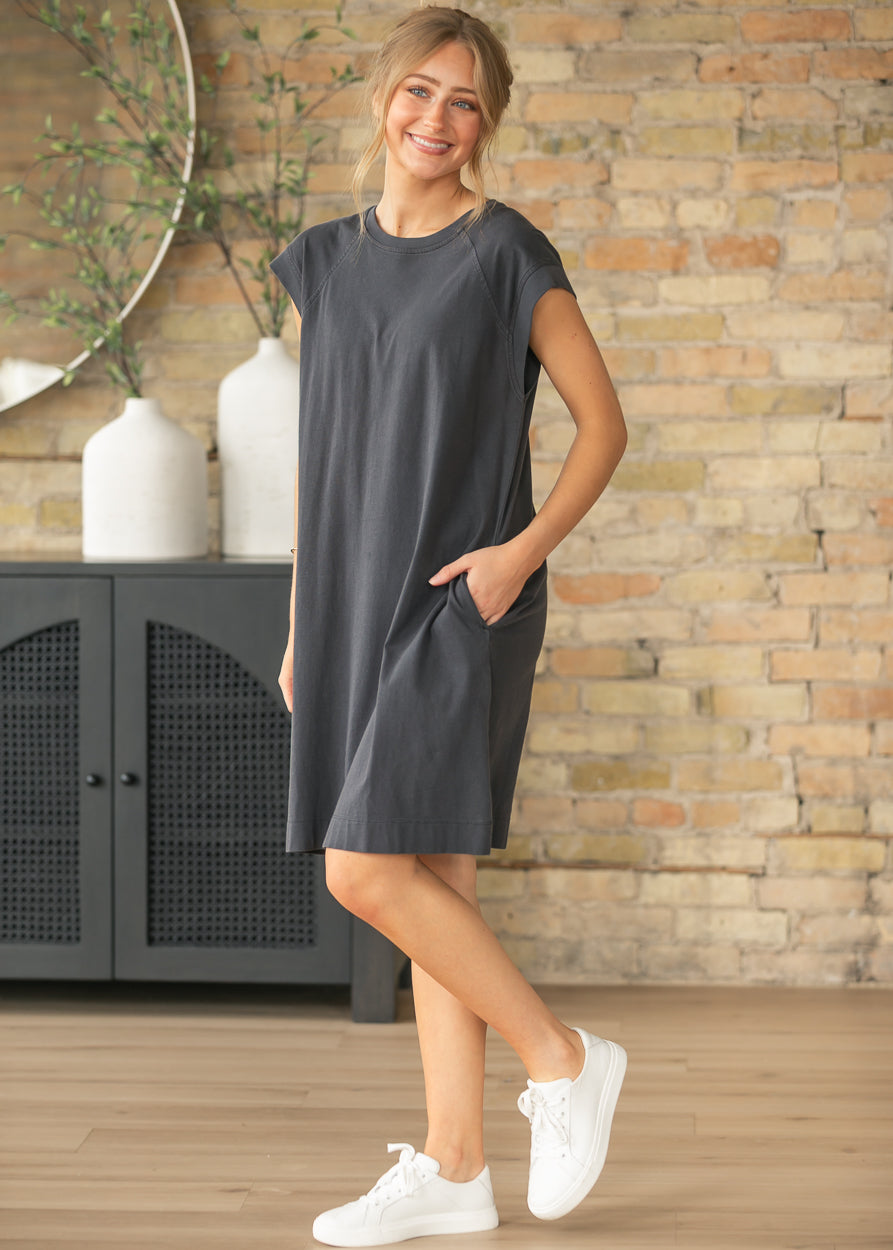 Charcoal Washed Jersey Midi Dress FF Dresses