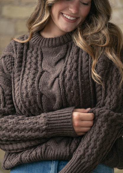 Chocolate Brown Cable Knit Sweater FF Tops