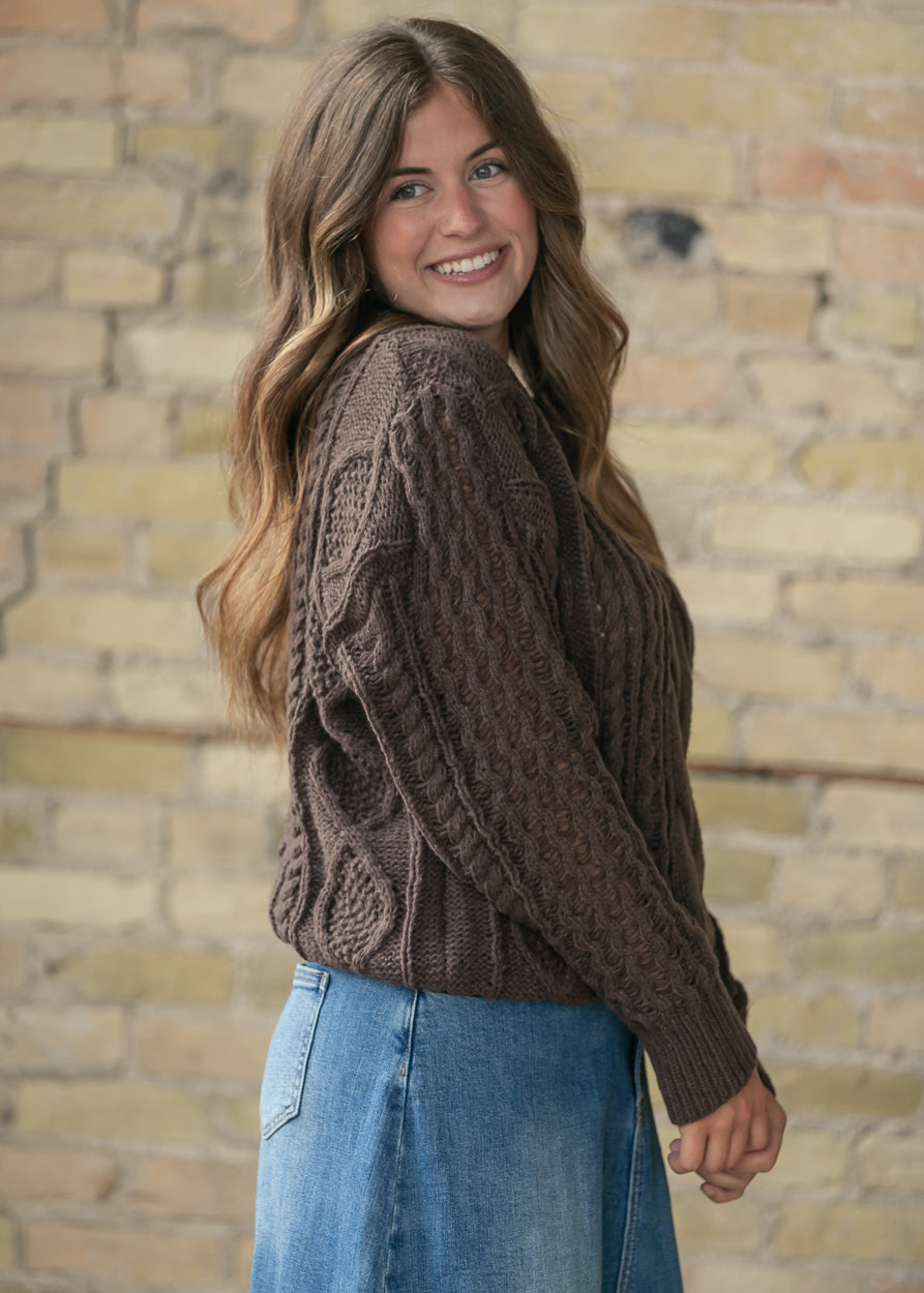 Chocolate Brown Cable Knit Sweater FF Tops