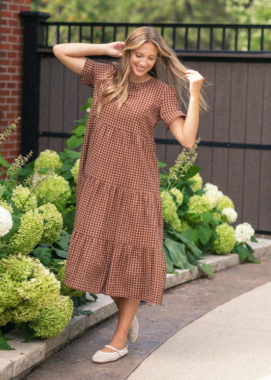 Chocolate Gingham Tiered Dress FF Dresses