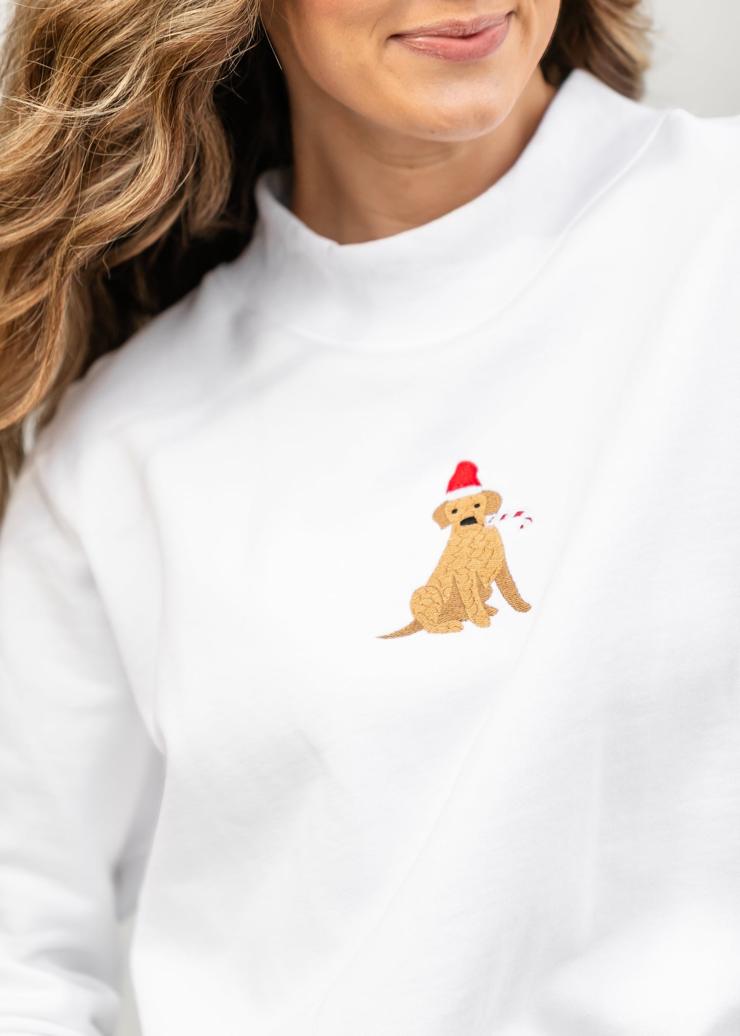 Christmas Dog Embroidered Mockneck Pullover FF Tops