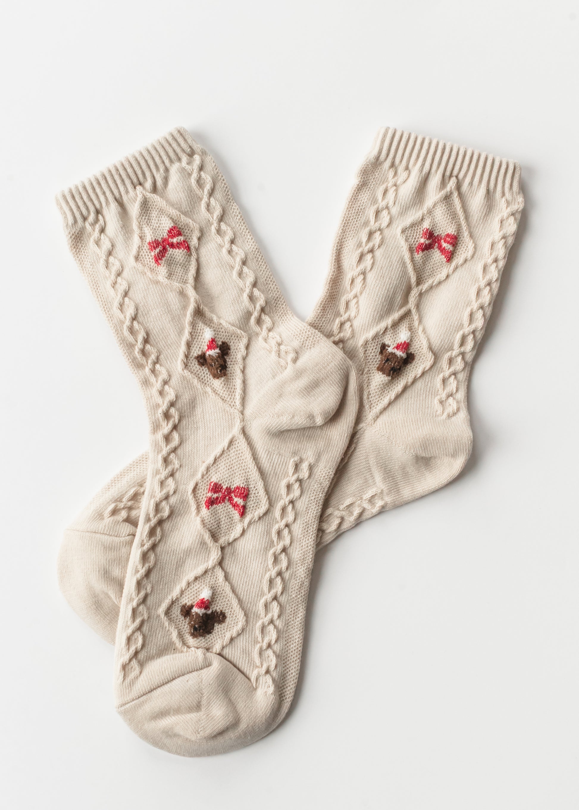 Christmas Teddy Bear Crew Sock Accessory Ivory