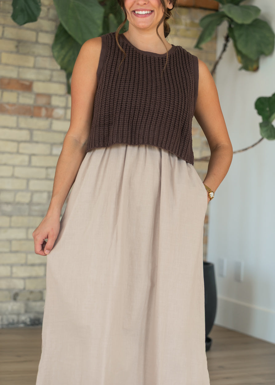 Chunky Knit Mixed Media Midi Dress FF Dresses S
