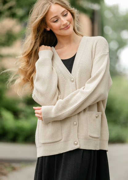 Chunky Knit Varsity Button Up Cardigan FF Tops