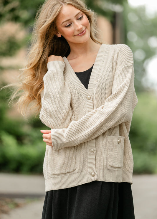Chunky Knit Varsity Button Up Cardigan FF Tops