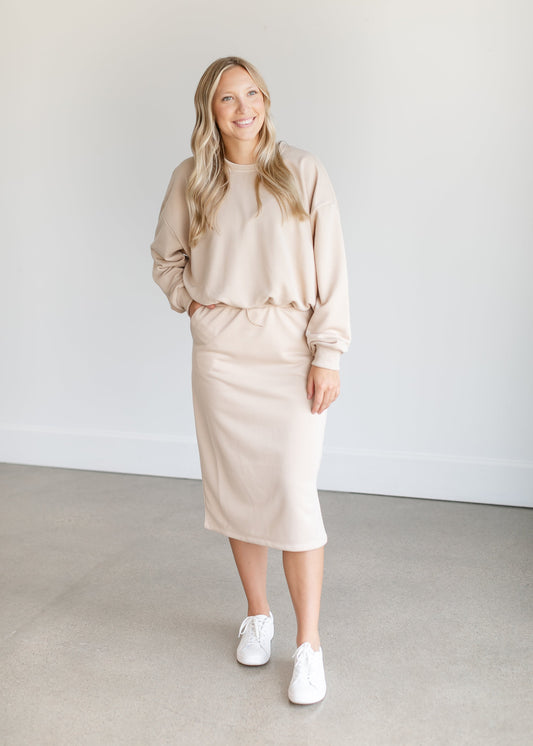 Cinched Waist Sweatshirt Midi Skirt FF Skirts Taupe / S